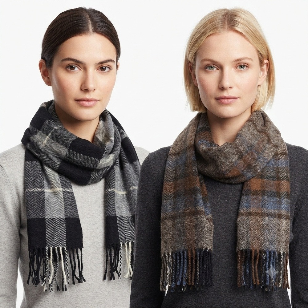 Lot 2 Plaid Scarves Merona Black Grey & L'Accessorio Italiano Brown Blue Italy